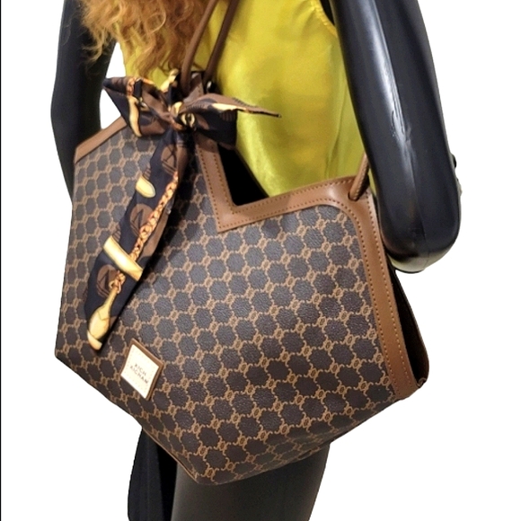 Beautiful & Chic Brown Vegan 2-way Med Size Shoulder Bag Tote w/Scarf NWT - Picture 7 of 9